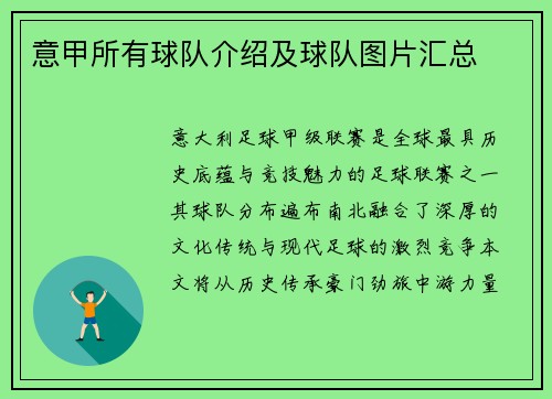 意甲所有球队介绍及球队图片汇总