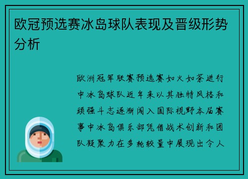 欧冠预选赛冰岛球队表现及晋级形势分析